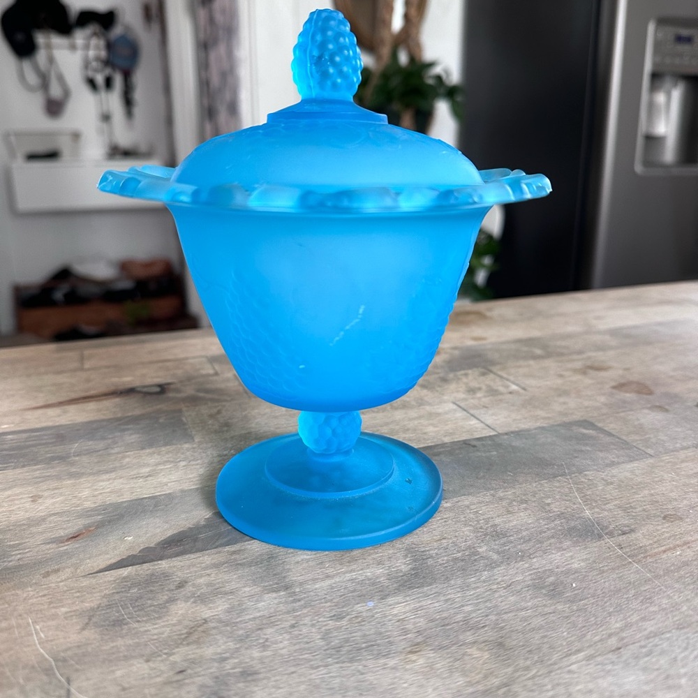 Vintage Indiana Glass Blue frosted candy dish with lid